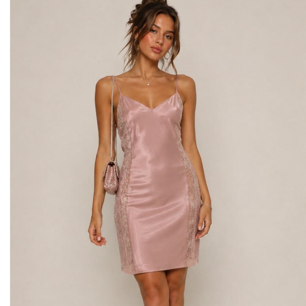 Victoria’s Secret Fairy Satin Slip Mini Dress Small Pink Gold Lace Panels Sheer